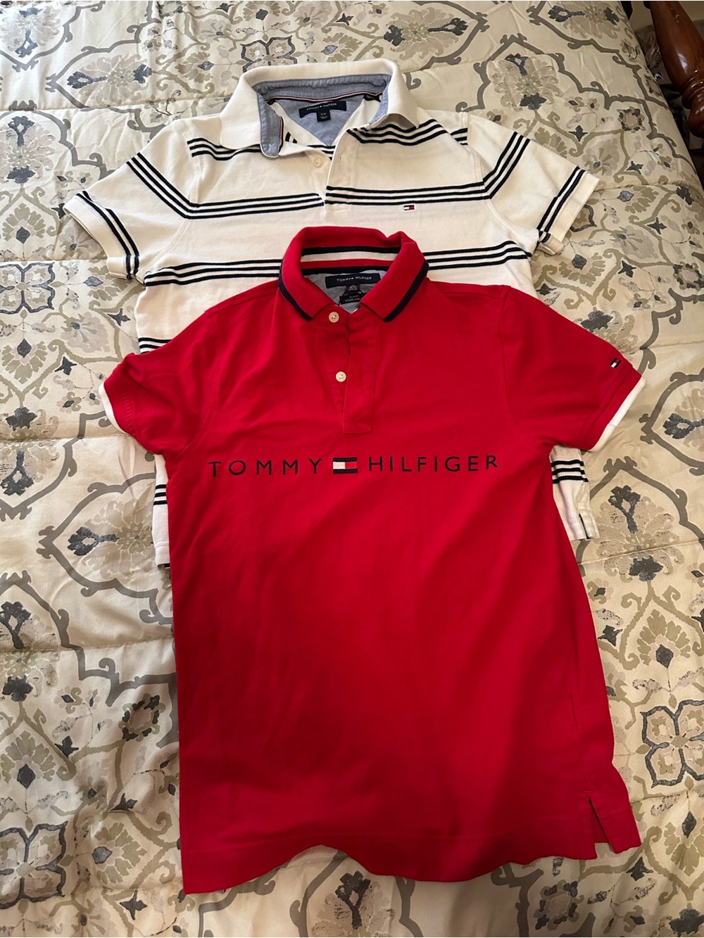 Tommy Hilfiger Men’s Red and Black and white striped Polo with Logo